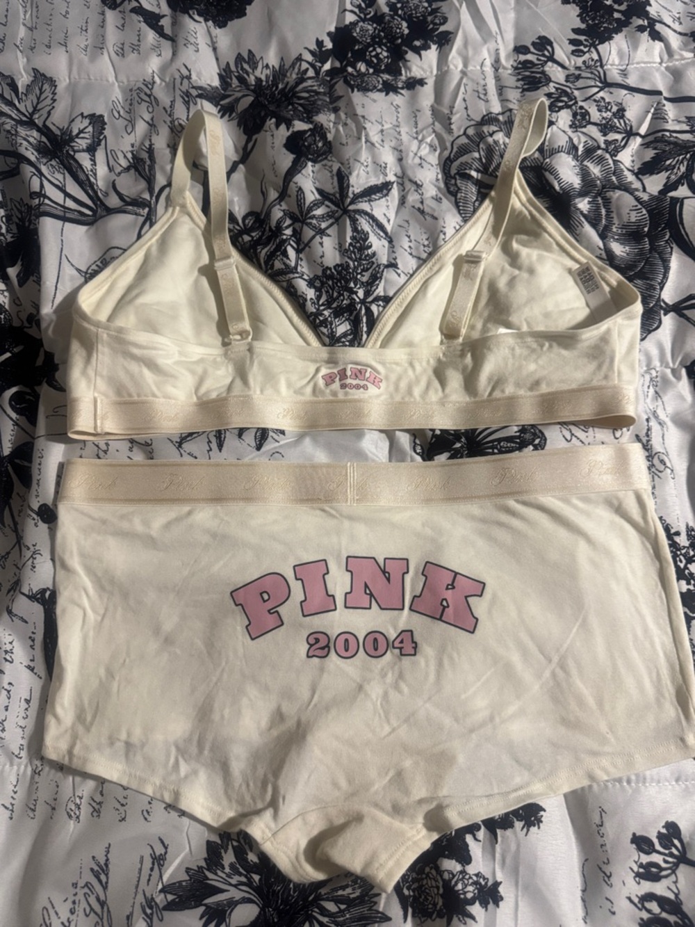 PINK Victoria's Secret limited  Cream Bralette & Boyshorts Set with Pink Logo
